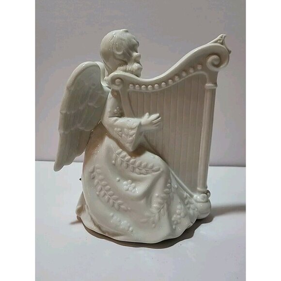 Midwest Taiwan White Porcelain Angel Harp Figurine Wind Up Music Box Vintage - Picture 4 of 7